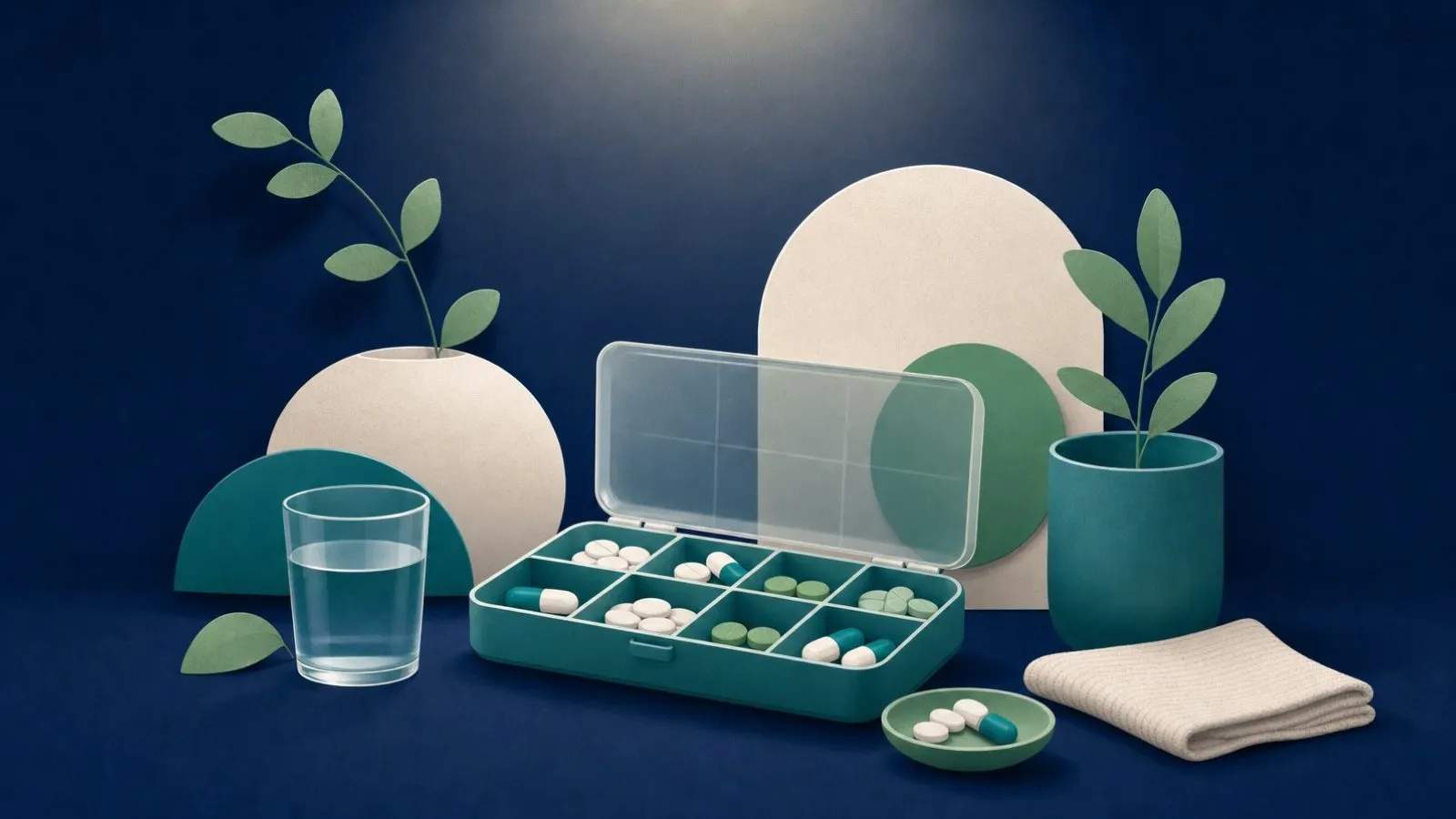 Capa do guia: como organizar os medicamentos de um idoso, sobre fundo azul-petróleo da Luma