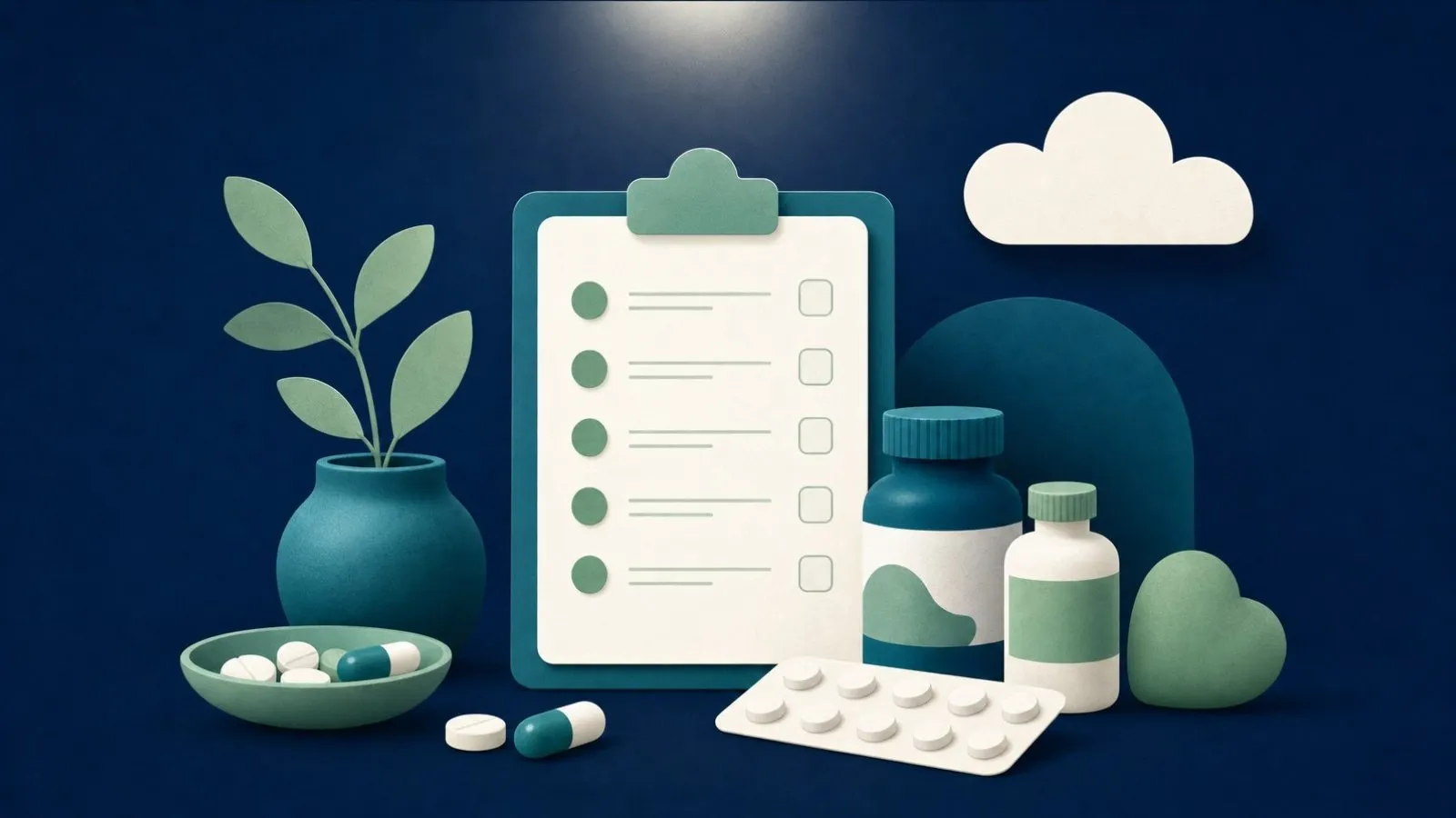 Capa do guia: lista de medicamentos para levar à consulta, sobre fundo azul-petróleo da Luma