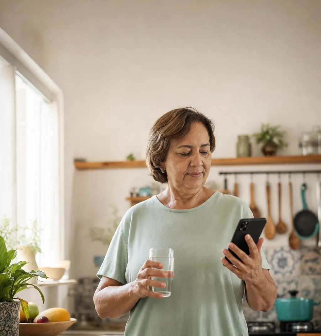 Mulher de uns sessenta anos, em pé na cozinha de casa pela manhã, com um copo de água em uma das mãos e o celular na outra.
